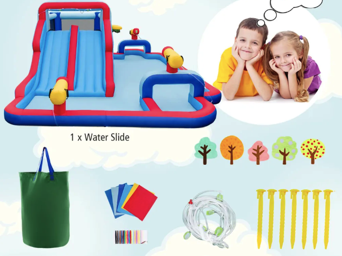 Надувний аквапарк Costway Fun Kids 6-в-1: гірка, басейн, скеледром, водяні гармати, батут, без вентилятора - зображення 15