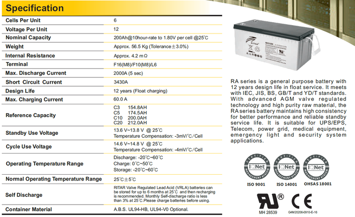 Аккумулятор Ritar AGM RA12-200 - изображение 2