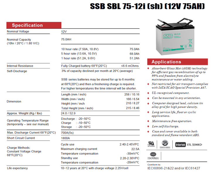 Аккумулятор SSB Battery SBL75-12i - изображение 2