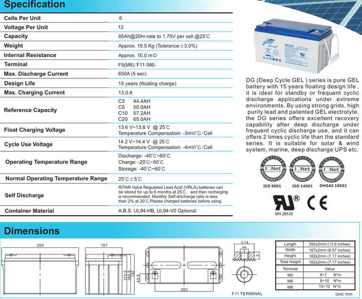 Акумулятор GEL RITAR DG12-65 - зображення 2