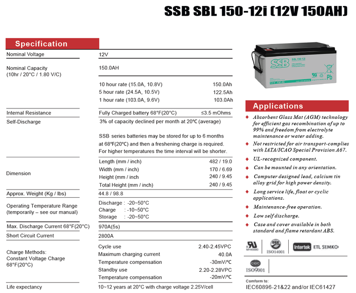 Аккумулятор SSB Battery SBL150-12i - изображение 2