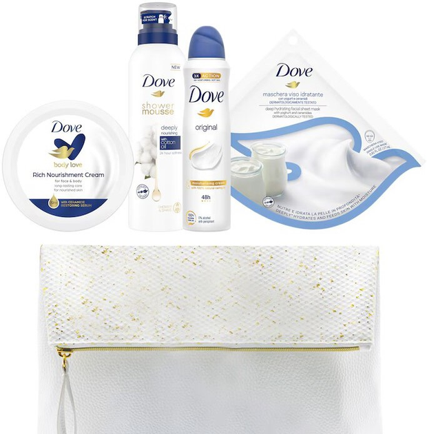 Набір для догляду за тілом Dove Nourishment Косметичка + Крем для тіла Rich Noursishment 150 мл + Гель для душу Deeply Nourishinr 200 мл + Антиперспірант-спрей Original 150 мл + Маска для обличчя Deep Нourratinr 27 мл (8720182476630) - зображення 2