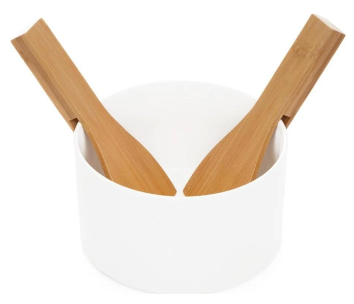 Miska do sałatek HOMLA Fincan biała z bambusowymi łyżkami 17 cm (5906496732997) - obraz 2