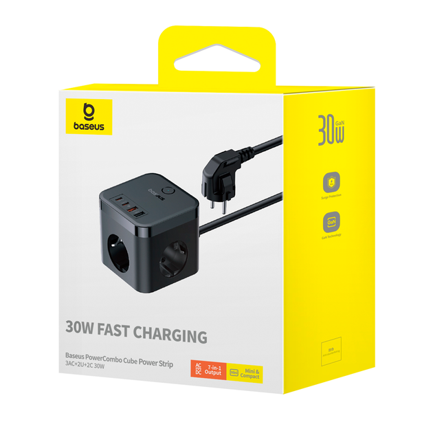 Мережевий зарядний пристрій Baseus PowerCombo Cube Power Strip 3AC+2U+2C 30W 1.5m EU Cluster Black E00066400117-00 - зображення 2