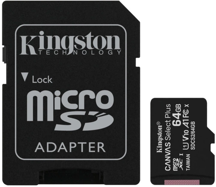 Карта пам'яті microSDXC (UHS-1) Kingston Canvas Select Plus 64Gb class 10 А1 (R-100MB/s) (adapter SD) (SDCS2/64GB) - Фото 1 Карта пам'яті microSDXC (UHS-1) Kingston Canvas Select Plus 64Gb class 10 А1 (R-100MB/s) (adapter SD) (SDCS2/64GB) - изображение 1