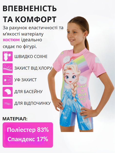 Костюм купальний сонцезахисний для дівчат суцільний з шапочкою Frozen SP-Sport SY669-27 розмір ХL, вік 6-9 років, зріст 122-134см (поліестер, спандекс, розовий) - зображення 2