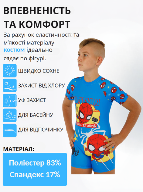 Костюм купальний сонцезахисний для хлопчиків суцільний з шапочкою SP-Sport Spider Man SY669-36 розмір XL, вік 6-9 років, зріст 122-134см (поліестер, спандекс, синій з жовтим) - Фото 2 Костюм купальний сонцезахисний для хлопчиків суцільний з шапочкою SP-Sport Spider Man SY669-36 розмір XL, вік 6-9 років, зріст 122-134см (поліестер, спандекс, синій з жовтим) - зображення 2