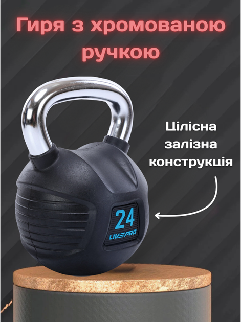 Гиря тренировочная цельная обрезиненная с хромированной ручкой LiveUp LP8043-24 24кг (черный) - изображение 2