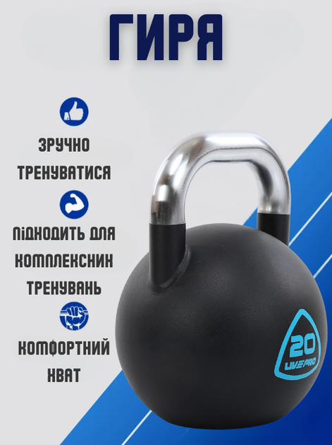 Гиря сталева пофарбована із хромованою ручкою LiveUp LP8042-20 20кг (чорний) - Фото 2 Гиря сталева пофарбована із хромованою ручкою LiveUp LP8042-20 20кг (чорний) - зображення 2
