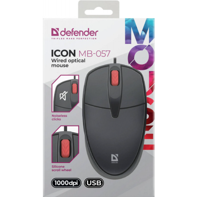 Проводная бесшумная мышка Defender Icon MB-057 3кн 1000dpi Black (52057) - изображение 4
