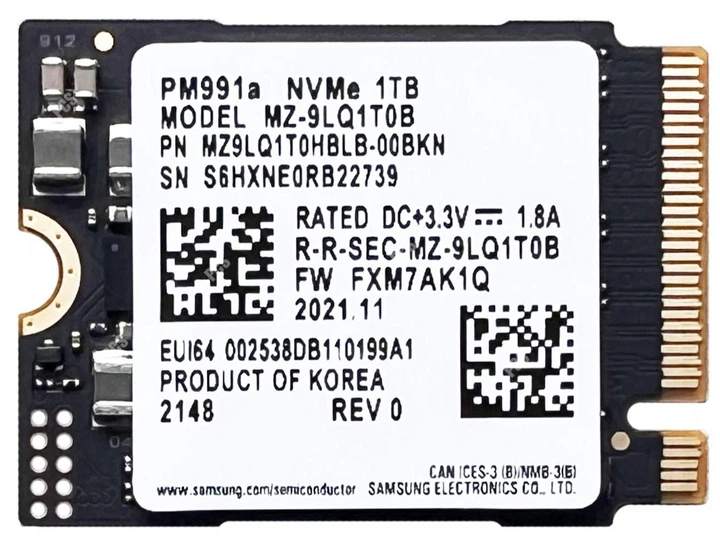 内蔵型SSD Samsung M.2 SSD 1TB SSD Samsung PM991a 1Tb M.2 2230 PCIE Gen3 x4 NVMe (MZ-9LQ1T0B) OEM