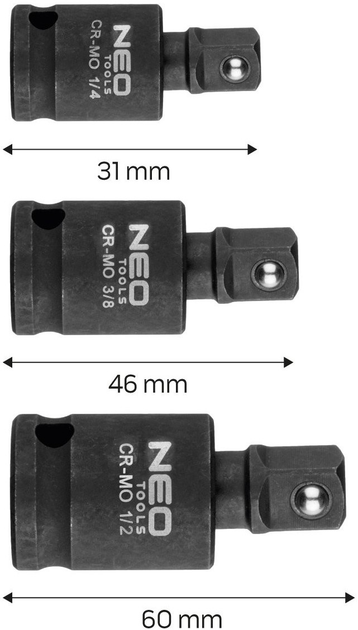 Набір ударних шарнірів NEO Tools 1/4", 3/8", 1/2" 3 шт 10-256 (5907558469646) - зображення 12