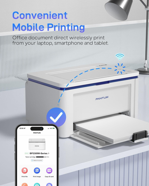Чорно-білий лазерний принтер PANTUM BP2309W Bluetooth, USB, Wi-Fi, Airprint, компактний портативний міні-принтер із однією функцією для дому та малого офісуй, 20 стор./хв. Колір - Білий - зображення 3