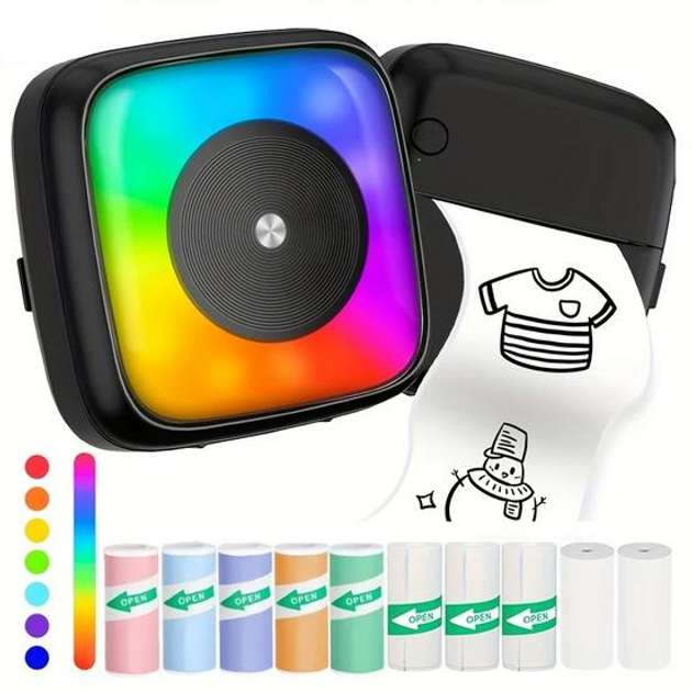 Портативный термопринтер для печати со смартфона без чернил с RGB подсветкой C31-B черный - изображение 2