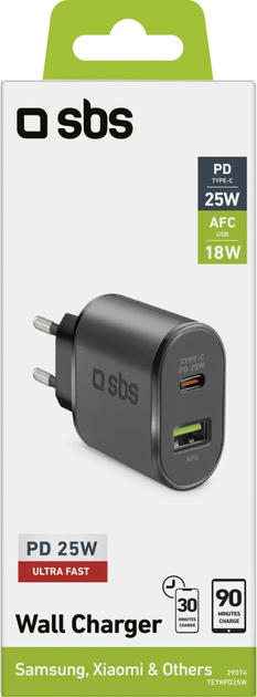 Ładowarka sieciowa SBS Mobile 25W 1x USB-A 1x USB-C Black (TETRPD25W) - obraz 2