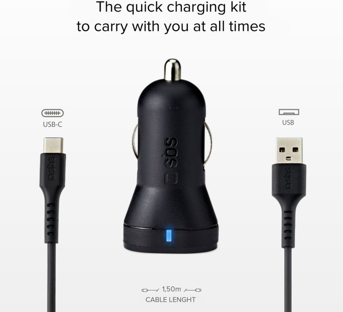 Автомобільний зарядний пристрій SBS Car Charger USB-C USB-A Black (TEKITCRC2U21AUL) - зображення 4
