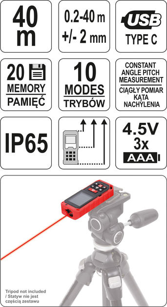 Лазерний далекомір YATO 40 м YT-73126 (5906083029295) - зображення 6