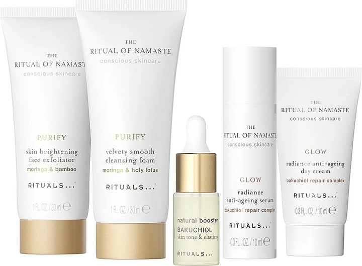 Zestaw do pielęgnacji twarzy Rituals The Ritual Of Namaste Krem na dzień 10 ml + Serum 10 ml + Serum 4 ml + Pianka do mycia 30 ml + Peeling 30 ml (8719134182941) - obraz 2
