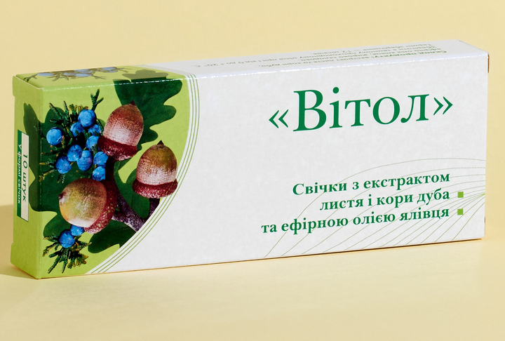 Свічки "Вітол" з екстрактом листя і кори дуба та ефірною олією ялівцю 10шт. мають антиоксидантну, загальнозміцнюючу дію, Грін-Віза - зображення 2