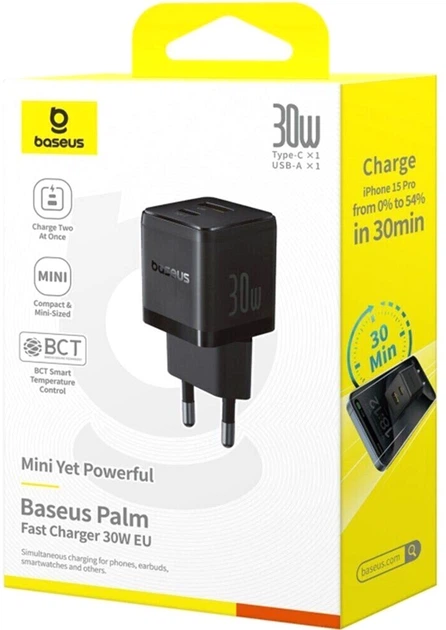 Мережевий зарядний пристрій Baseus Palm Fast Charger C+U 30W EU Cluster Black (P1011160A113-00) - зображення 6