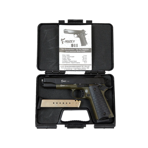 Стартовый пистолет Kuzey 911 black/haki, чёрные ручки, с магазином (Colt 1911) - Фото 3 Стартовый пистолет Kuzey 911 black/haki, чёрные ручки, с магазином (Colt 1911) - изображение 3