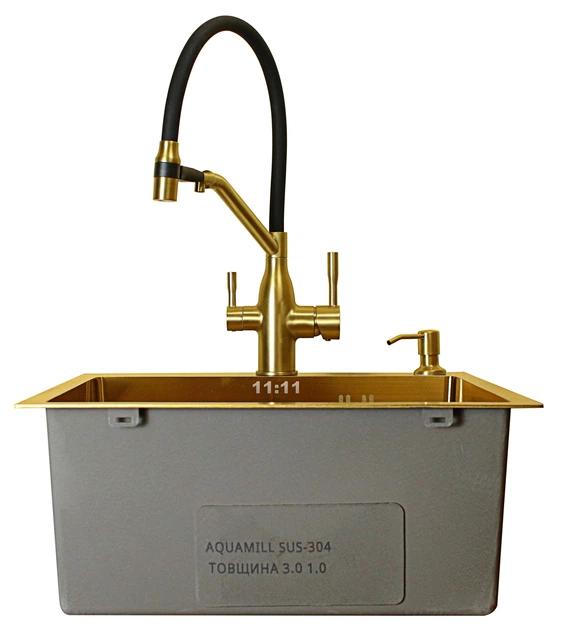 Мийка з нержавіючої сталі AQUAMILL 5050 с PVD покриттям золота + змішувач під фільтровану воду гнучкий + дозатор + сифон - Фото 5 Мийка з нержавіючої сталі AQUAMILL 5050 с PVD покриттям золота + змішувач під фільтровану воду гнучкий + дозатор + сифон - зображення 5