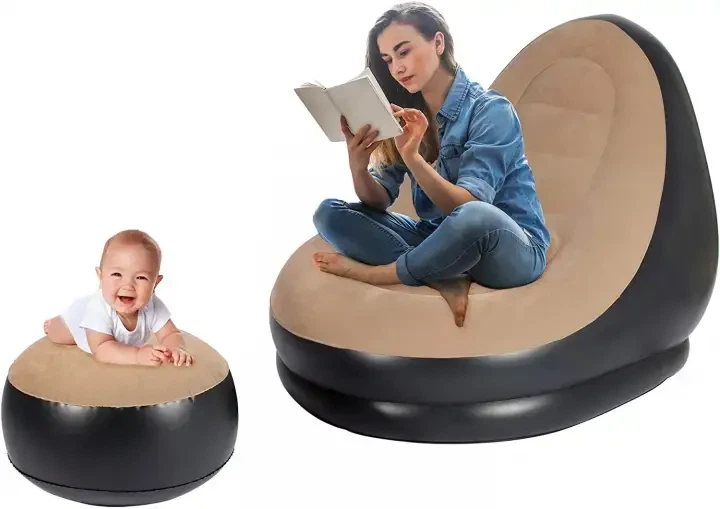 Надувной диван с пуфом Air Sofa / Надувное велюровое кресло с пуфиком Черный, Серый - изображение 3