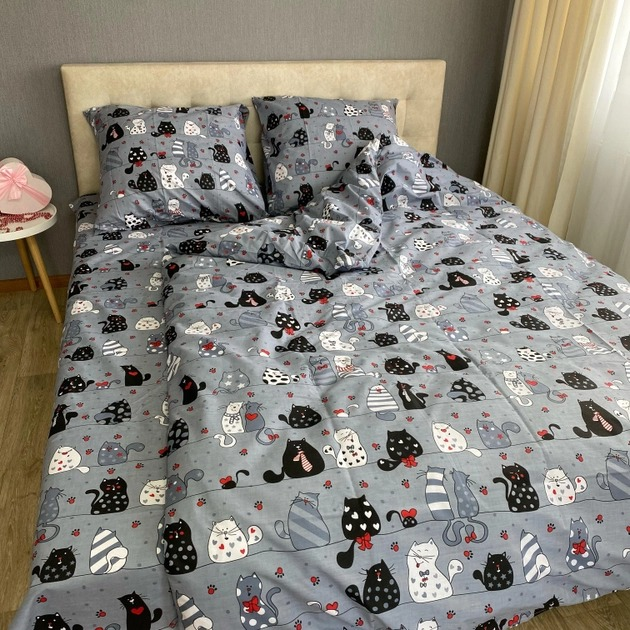 Комплект постельного белья Sweet-Dream Влюбленные коты 150 х 215 см полуторный серый - Фото 4 Комплект постельного белья Sweet-Dream Влюбленные коты 150 х 215 см полуторный серый - изображение 4