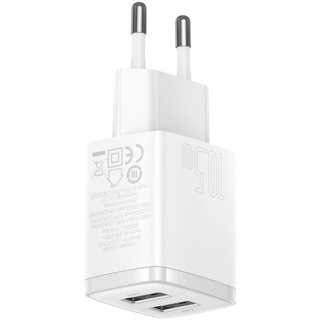 Зарядний пристрій Baseus Compact 2xUSB 10.5W 2.1A White (CCXJ010202) - Фото 3 Зарядний пристрій Baseus Compact 2xUSB 10.5W 2.1A White (CCXJ010202) - изображение 3