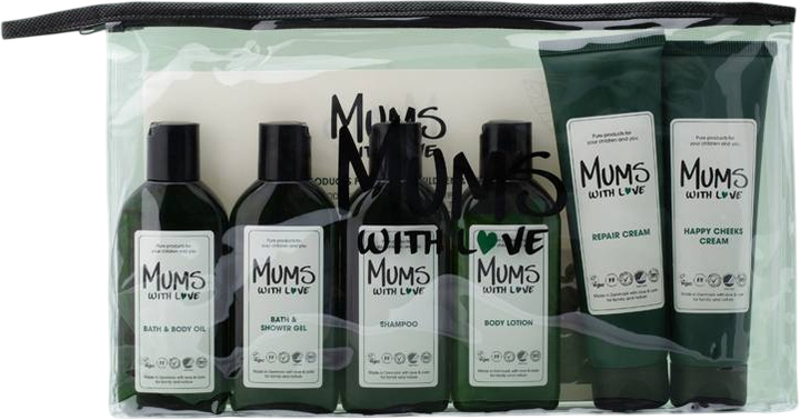 Набір косметики для догляду Mums With Love Starter Set Шампунь 100 мл + Крем для тіла 100 мл + Гель для душу 100 мл + Лосьйон для тіла 100 мл + Олія для тіла 100 мл + Крем для обличчя 100 мл (5707761412053) - зображення 1