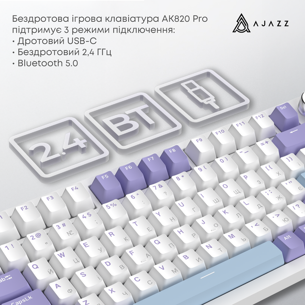 Клавиатура беспроводная Ajazz AK820 Pro Gift Switch Purple RGB (AK820PRO-G-PWB) - изображение 8