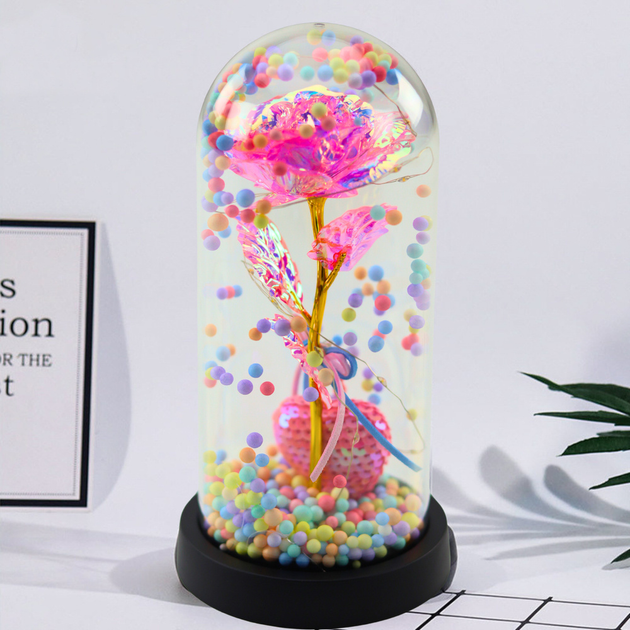 Вічна троянда в колбі Lena Toys світлодіодна рожева з серцем та кульками 21x11см (5905991037309) - зображення 4