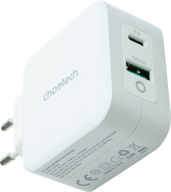 Ładowarka sieciowa Choetech GaN USB-A USB-C QC 3.0 PD 3.0 65W White (PD8002) - obraz 2