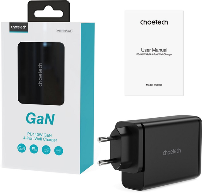 Ładowarka sieciowa Choetech PD6005 4xUSB 140W GaN (2xUSB-C+2xUSB-A) Black (PD5007-EU-WH) - obraz 3