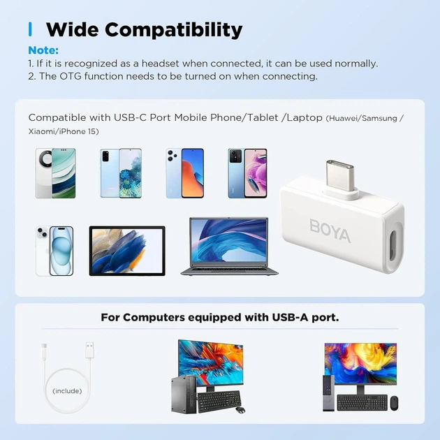 Беспроводная радио система BOYA Omic-U-W 2.4GHz для устройств Type-C (2TX+1RX) - Фото 5 Беспроводная радио система BOYA Omic-U-W 2.4GHz для устройств Type-C (2TX+1RX) - изображение 5