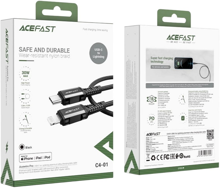 Kabel Acefast Apple Lightning - USB Type-C 1.8 m 30 W Black (AT6974316281306) - obraz 8