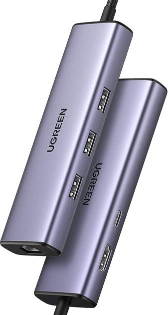 USB-хаб Ugreen CM512 6-in-1 USB-C to 3xUSB 3.0/HDMI/RJ-45/PD 100W Grey (6941876215980) - зображення 2