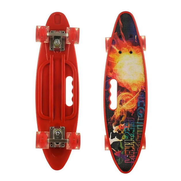 Скейт Пенниборд (Penny Board) с сияющими колесами и ручкой "Огонь" - Фото 1 Скейт Пенниборд (Penny Board) с сияющими колесами и ручкой "Огонь" - изображение 1