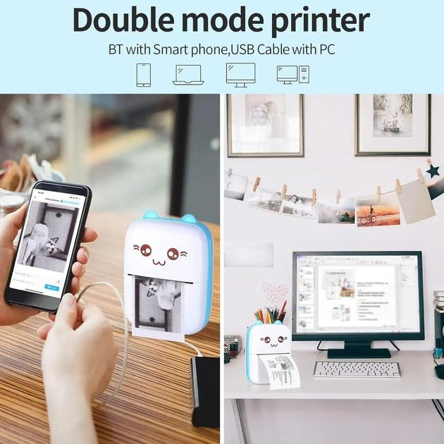 Портативний мініпринтер Mini printer Blue +4 шт звичайного + 3 шт самоклеючий +3 шт кольорового+ чохол - зображення 10