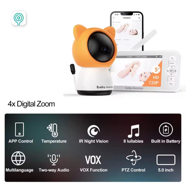 Видеоняня Baby Monitor цифровая WiFi с 5 дюймовым HD экраном, камера 1080Р, 4-кратный зум, с датчиком звука, движения, ночное видение + термометр, радионяня, оранжевая - изображение 2