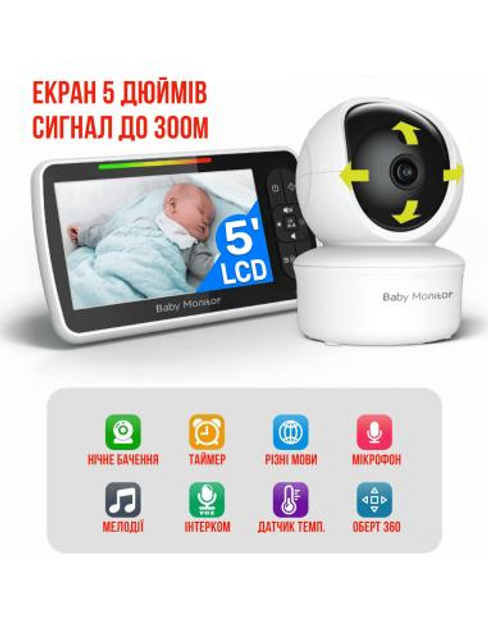 Видеоняня OnePro SM-650 с 5-дюймовым ЖК-монитором, датчиком звука, ночное виденье, беспроводная, поворотная видеооняня c дисплеем и измерением температуры - изображение 2