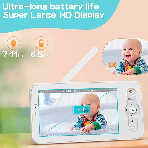 Видеоняня Baby Monitor цифровая WiFi с 5 дюймовым HD экраном, камера 1080Р, 4-кратный зум, с датчиком звука, движения, ночное видение + термометр, радионяня, няня - изображение 6