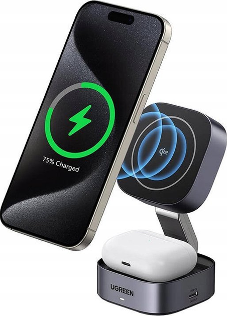 Bezprzewodowa stacja ładująca Ugreen W702 Qi2 3in1 USB-C MagSafe Black(6941876233168) - obraz 2