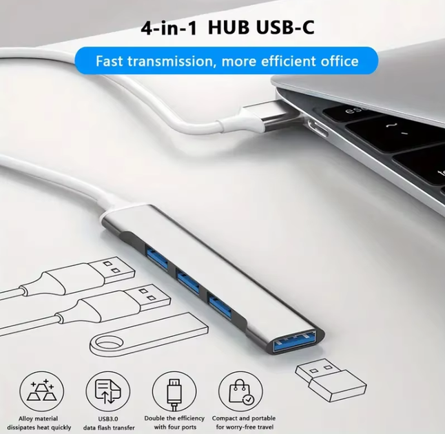 Type-C (USB-C) папа розширювач на 4 порти USB2.0 мама Комп'ютер ноутбук Сірий - зображення 2