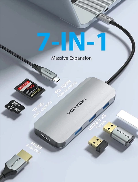 USB-хаб Vention USB-C to HDMI/USB 3.0x3/SD/TF/PD Docking Station Gray 0.15M Aluminum Alloy Type (TOJHB) - зображення 3