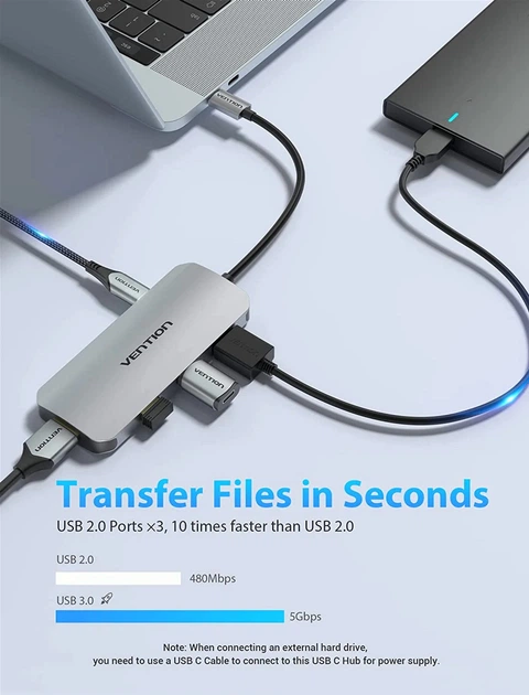 USB-хаб Vention USB-C to HDMI/USB 3.0x3/SD/TF/PD Docking Station Gray 0.15M Aluminum Alloy Type (TOJHB) - зображення 4