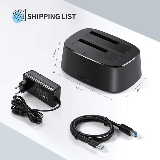 Док-станція Ugreen CM198 50857 USB 3.0 SATA 2.5" 3.5" SSD HHD power supply EU Black (6957303858576) - зображення 4