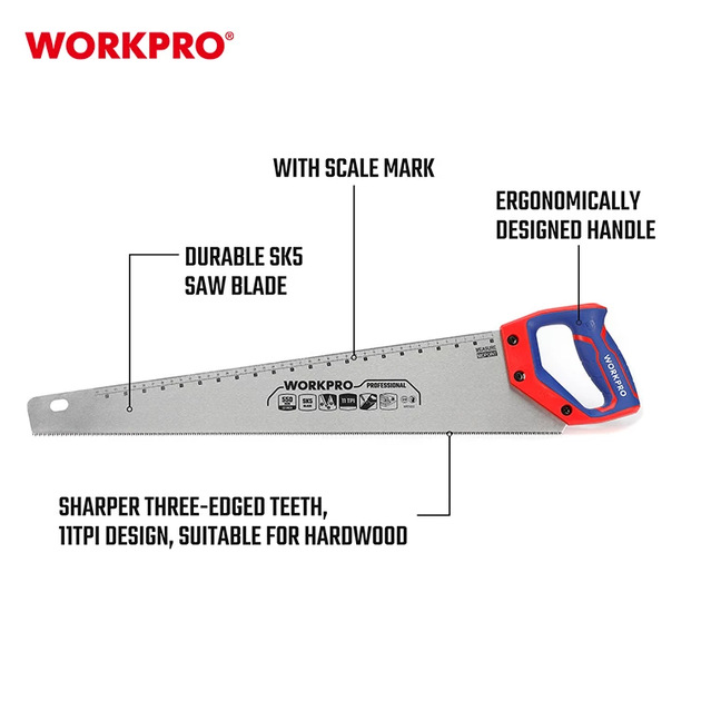 Ножівка по дереву WORKPRO 550 мм 11TPI SK5 PRO WP215012 - Фото 2 Ножівка по дереву WORKPRO 550 мм 11TPI SK5 PRO WP215012 - зображення 2