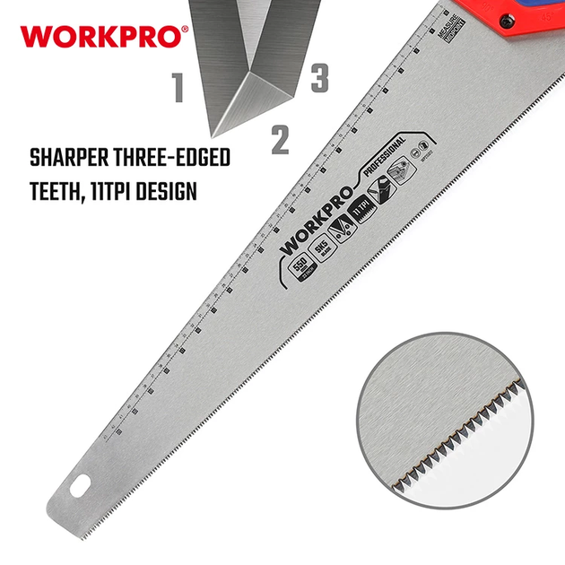 Ножівка по дереву WORKPRO 550 мм 11TPI SK5 PRO WP215012 - Фото 3 Ножівка по дереву WORKPRO 550 мм 11TPI SK5 PRO WP215012 - зображення 3