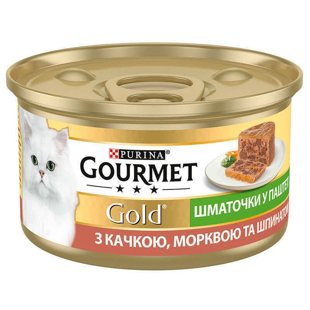 Консервований корм з качкою, морквою і шпинатом для дорослих котів (террін) Gourmet Gold 85 г (7613033728778) - Фото 1 Консервований корм з качкою, морквою і шпинатом для дорослих котів (террін) Gourmet Gold 85 г (7613033728778) - зображення 1